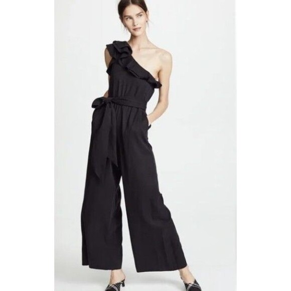 Ulla Johnson Demi Black Ruffle Twill One Shoulder Jumpsuit Size 8 - Picture 2 of 11